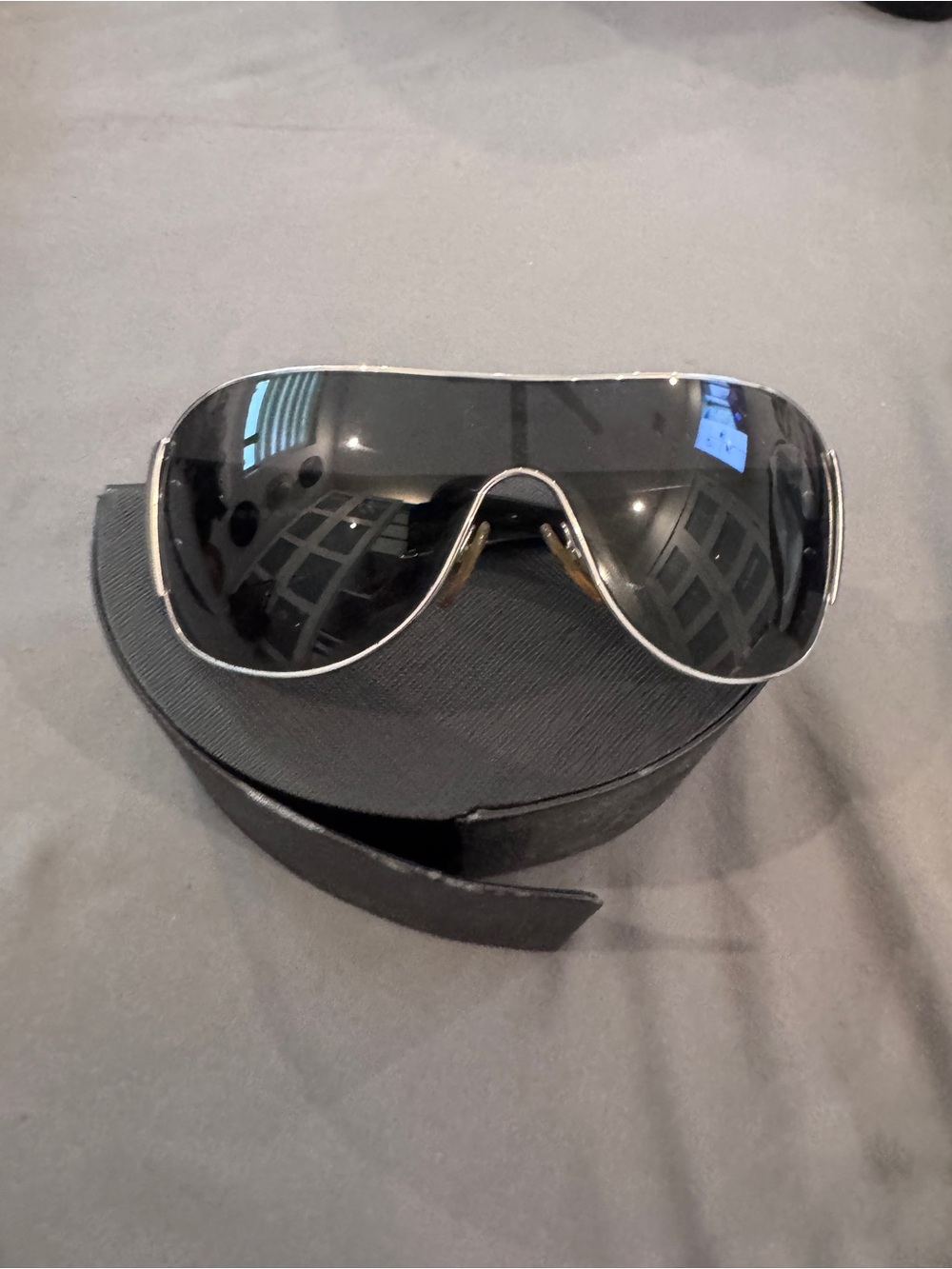 Prada Men's Black Shield Sunglasses with Silver Trim
